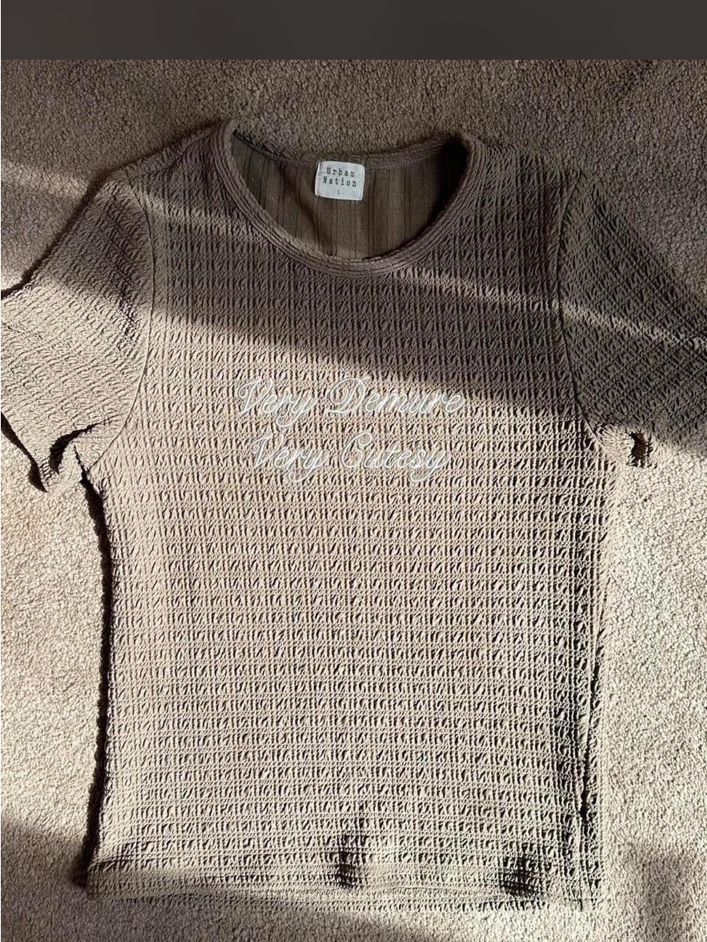Textured Taupe Short-Sleeve Tee with Script Detail